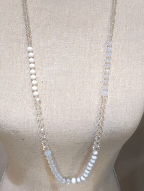 Long White Bead and Crystal Station Necklace